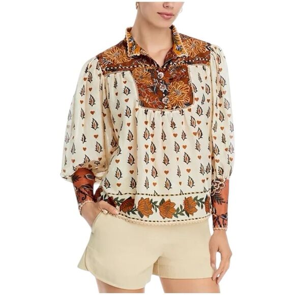 FARM Rio Tops - FARM Rio Ainika Cotton Floral Blouse.Beige Cream. Sz XS $198. NWOT